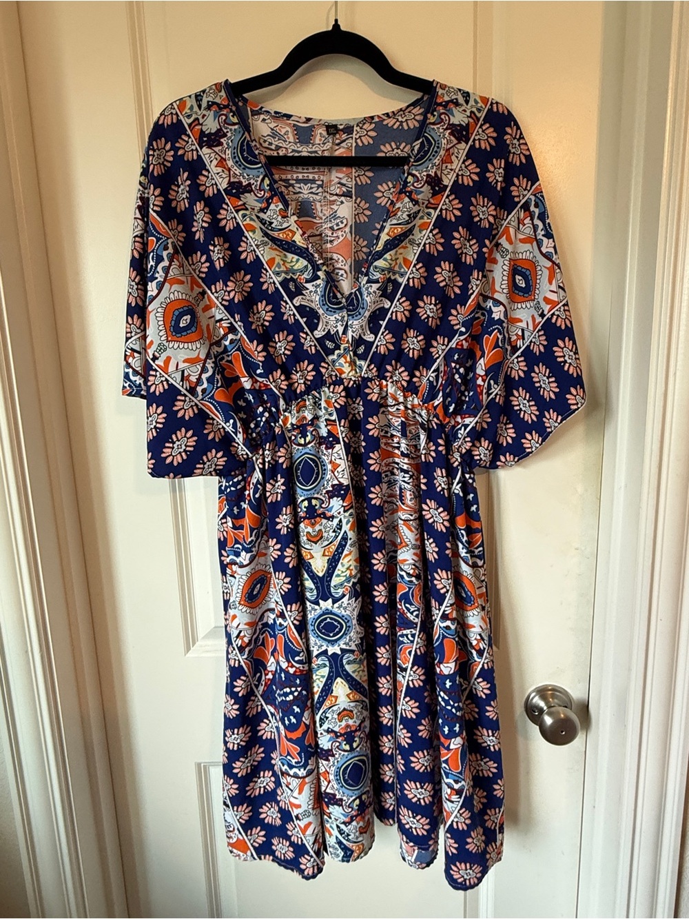 Amazon Navy and Orange Paisley V-Neck Midi Dress